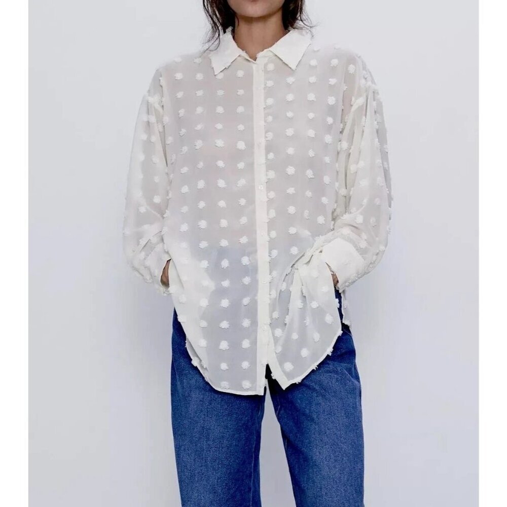 Zara Women Overside Shirt With Raised Detail Top Ecru XS